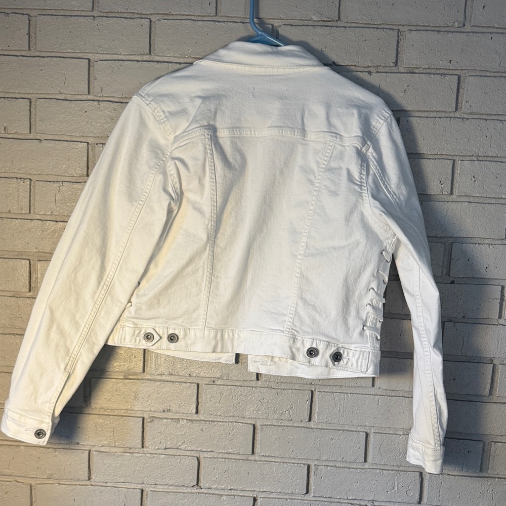 DKNY White Denim Jean Jacket - Classic Button-Front, side lace up,ladies size L - Picture 4 of 6